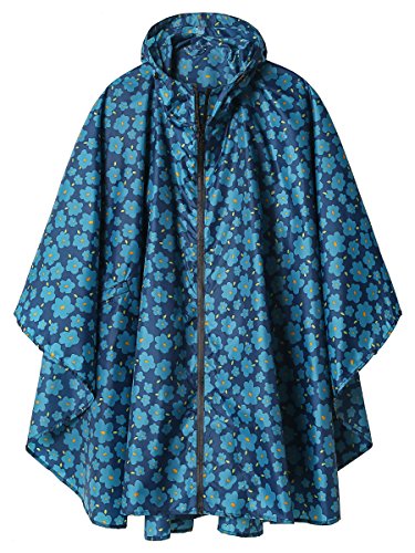 SaphiRose PONCHO Regenponcho Damen Herren wasserdichte, Regencape mit Kapuze Reißverschluss, Regenmantel Damen Wiederverwendbar, Regenponcho Fahrrad Wandern, Regenjacke Damen Leicht, Blau mit Blumen von SaphiRose PONCHO