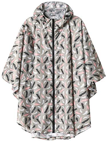 SaphiRose PONCHO Regenponcho Damen Herren wasserdichte, Regencape mit Kapuze Reißverschluss, Regenmantel Damen Wiederverwendbar, Regenponcho Fahrrad Wandern, Regenjacke Damen Leicht, Grau mit Feder von SaphiRose PONCHO