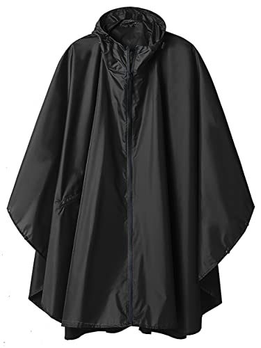 SaphiRose PONCHO Regenponcho Damen Herren Wasserdichte, Regencape mit Kapuze Reißverschluss, Regenmantel Damen Wiederverwendbar, Regenponcho Fahrrad Wandern, Regenjacke Damen Leicht, Total Schwarz von SaphiRose PONCHO