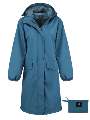 Lange Regenjacke für Damen, wasserdicht, leicht, mit Kapuze, Tiefblau, XL von SaphiRose
