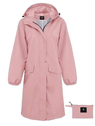 SaphiRose Damen Lange Regenjacke Wasserdicht Leicht Mit Kapuze Regenmantel, Helles Pink, Large von SaphiRose