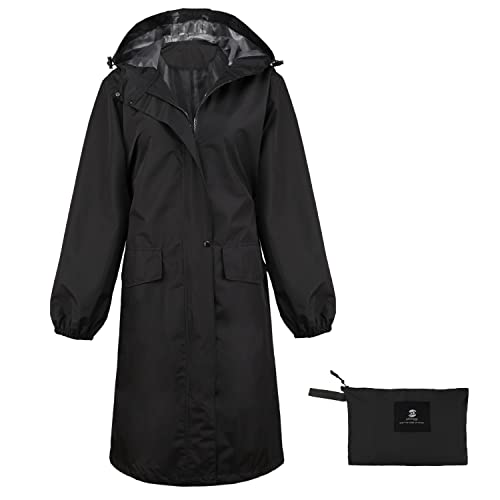 SaphiRose Damen Lange Regenjacke Wasserdicht Leicht Mit Kapuze Regenmantel, Schwarz, L von SaphiRose