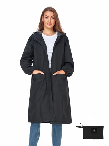 SaphiRose Lange Damen-Regenjacke, wasserdicht, leicht, mit Kapuze, verstaubar, knielang, Regenmantel, Schwarz, L von SaphiRose
