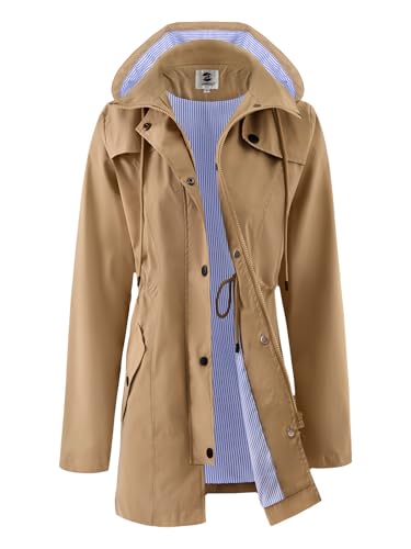SaphiRose Damen Lange Regenjacke Wasserdicht Regenmantel mit Kapuze Outdoor Leichte Regenmäntel Windbreaker, Hellbraun, Small von SaphiRose