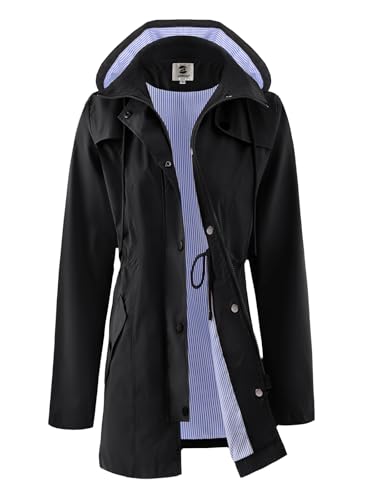 SaphiRose Damen Lange Regenjacke Wasserdicht Regenmantel mit Kapuze Outdoor Leichte Regenmäntel Windbreaker, Schwarz, Small von SaphiRose