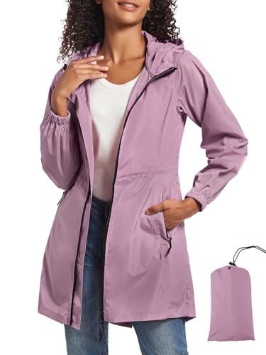 SaphiRose Damen Regenmantel Lang Packbar Regenmantel Wasserdicht Regenjacke Leichte Outdoor Windbreaker mit Kapuze, Helles Violett, Medium von SaphiRose