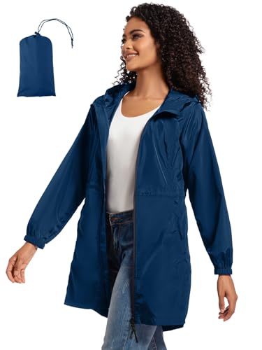 SaphiRose Damen Regenmantel Lang Packbar Regenmantel Wasserdicht Regenjacke Leichte Outdoor Windbreaker mit Kapuze, Tiefes Blau, Medium von SaphiRose