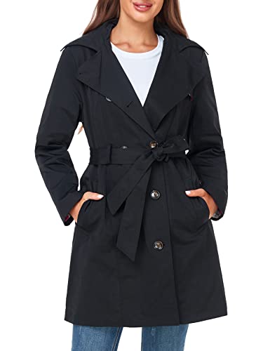 SaphiRose Damen Wasserabweisender Trenchcoat Zweireihiger langer Peacoat mit abnehmbarer Kapuze, Schwarz, XXL von SaphiRose