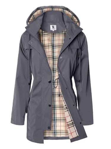 SaphiRose Damen Wasserdichte Regenjacke Lang Gefüttert Regenmantel Outdoor Windbreaker mit Kapuze (Dunkelgrau, X-Large) von SaphiRose