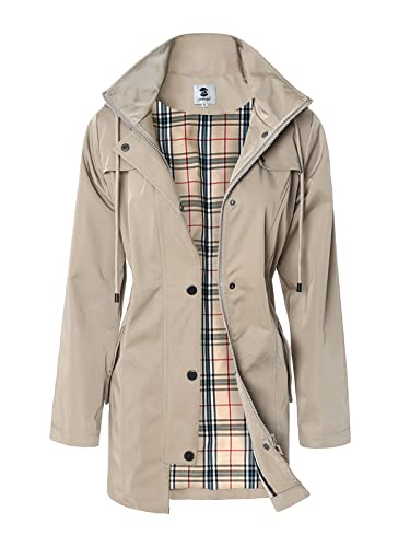 SaphiRose Lange Damen-Regenjacke mit Kapuze, Outdoor-Regenmantel, Windbreaker (Khaki, Größe L) von SaphiRose