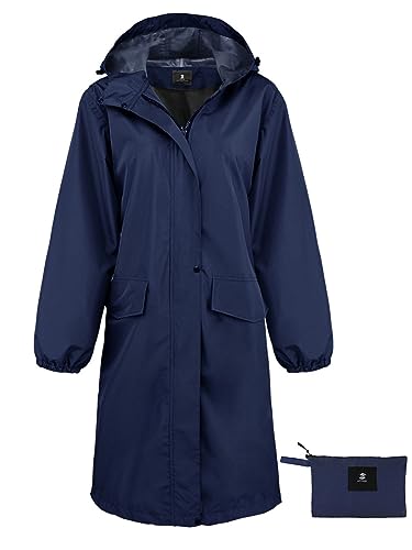 SaphiRose Lange Regenjacke für Damen, wasserdicht, leicht, mit Kapuze, Marineblau, Large von SaphiRose