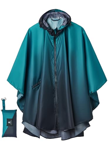 SaphiRose Regenponcho mit Kapuze für Erwachsene, Regenmantel mit Taschen, Farbverlauf Blaugrün, Einheitsgröße von SaphiRose