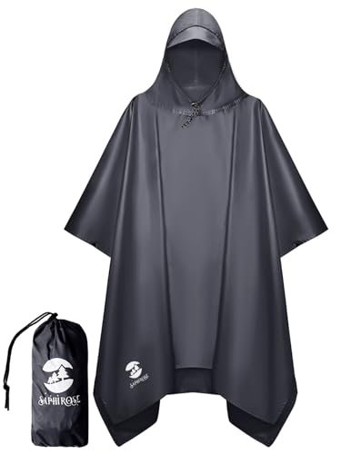 SaphiRose Regenponcho mit Kapuze, wasserdicht, für Herren, Damen, Erwachsene, GRAU, Einheitsgröße von SaphiRose