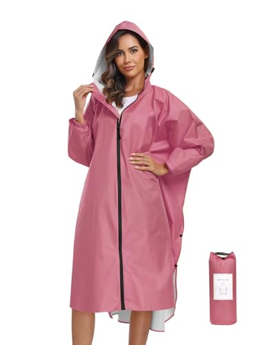 SaphiRose Wasserdichte Regenponcho Jacke mit Kapuze und Taschen für Erwachsene - Tragbar mit Taschen Lange Ärmel, Pink, Einheitsgröße von SaphiRose