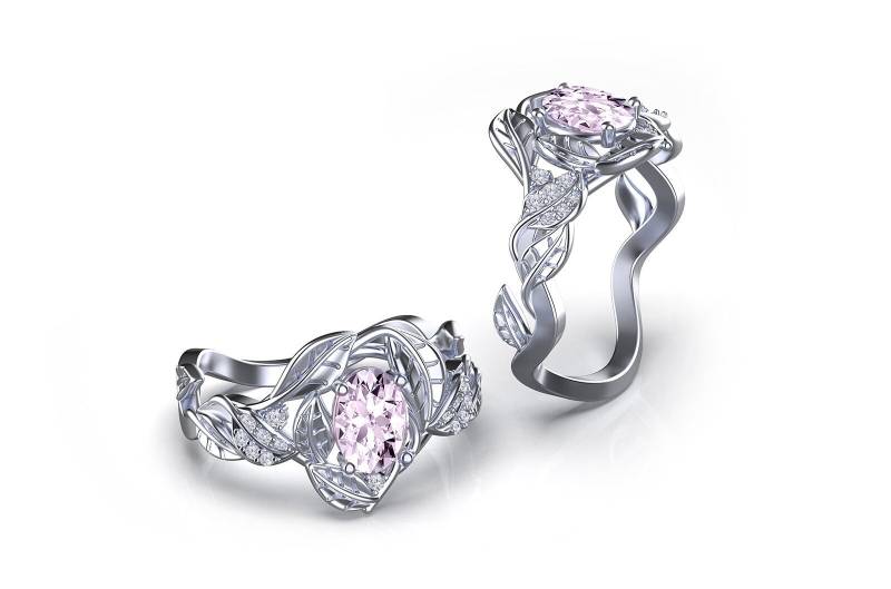 st. Valentina - Oval Cut Natürliche Morganit Und Diamant Gold Blumen Verlobungsring von SapphireDesignStudio