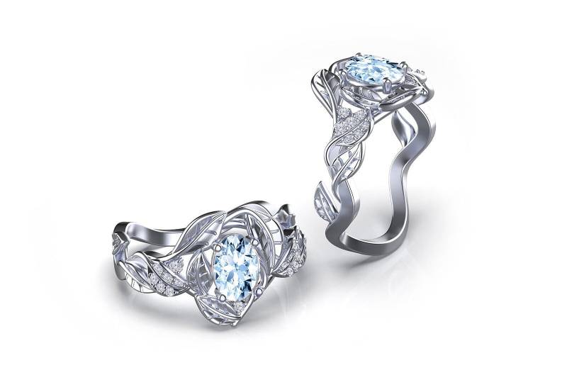 st. Valentina - Oval Geschnittener Natürlicher Aquamarin Und Diamant-Goldblumen-Verlobungsring von SapphireDesignStudio