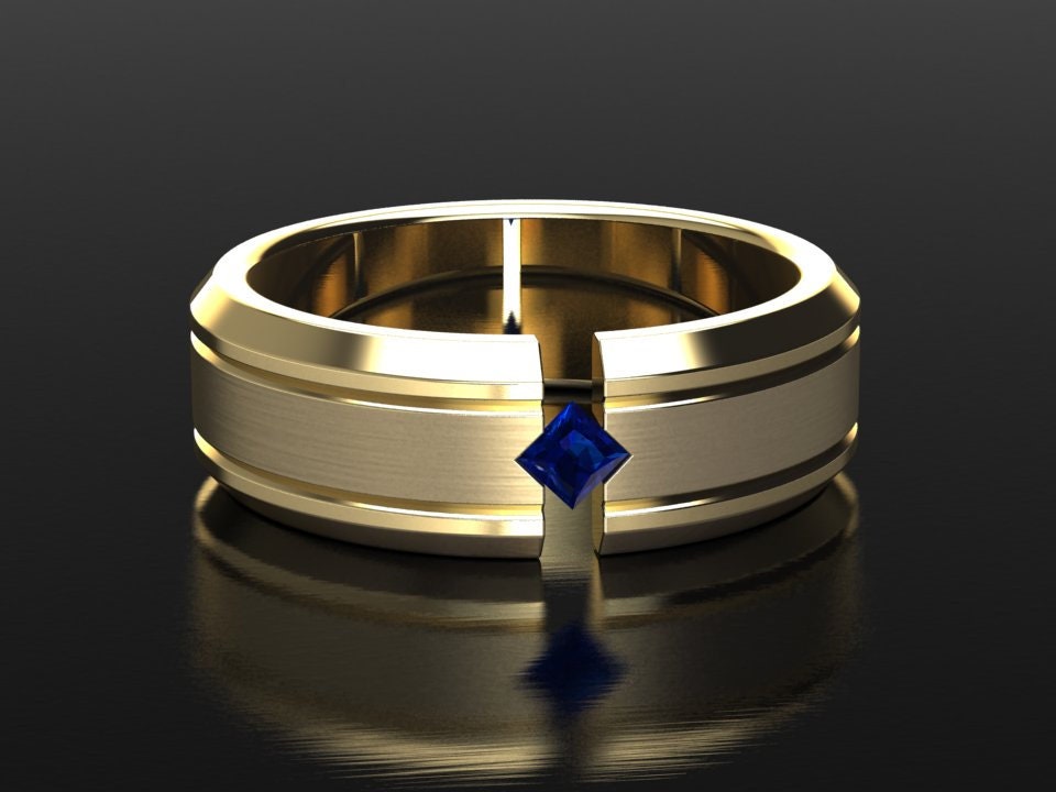 Herren Hochzeitsband, Saphir Ehering, 7mm Band, Gebürstet Finish Mitte, Unisex, Blau Massiv Gelbgold von SapphireJewelStudio