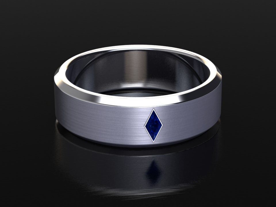 Herren Platin Ehering, Saphir 6, 5mm Band, Gebürstet Finish Mitte, Unisex, Blau Ehering von SapphireJewelStudio