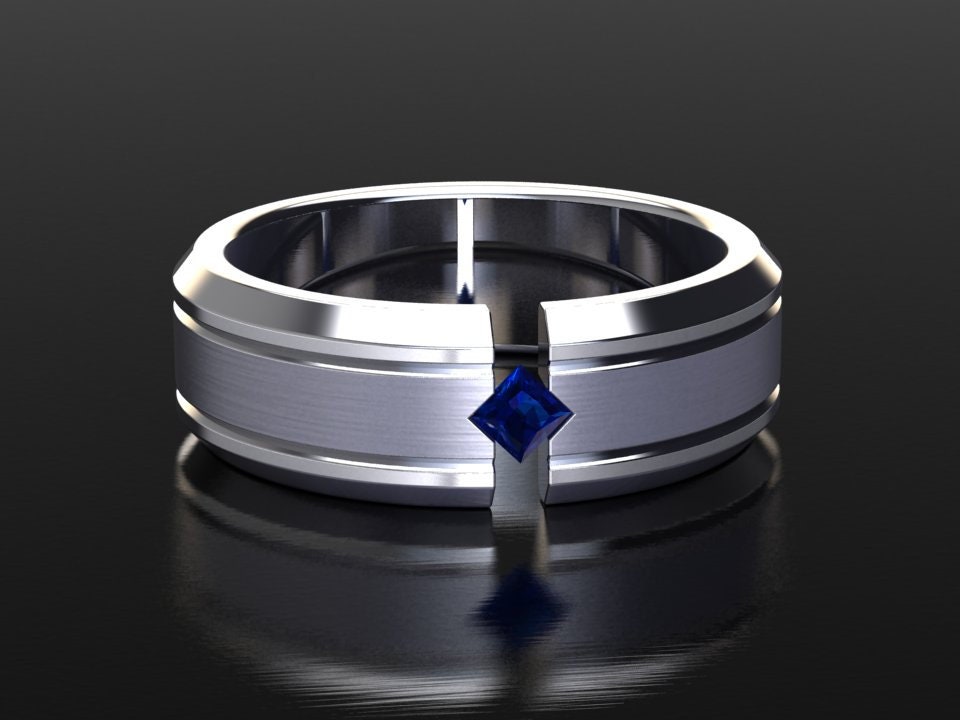 Herren Platin Ehering, Saphir Hochzeitsband, 7mm Band, Gebürstet Finish Mitte, Unisex, Blau Ehering von SapphireJewelStudio