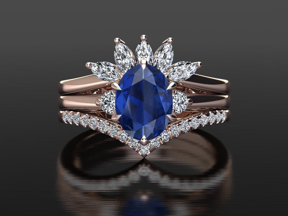 Ovaler Saphir Hochzeitsstapel | Verlobungsring Natürliche Diamanten Blauer Und Passende Eheringe Roségold von SapphireJewelStudio