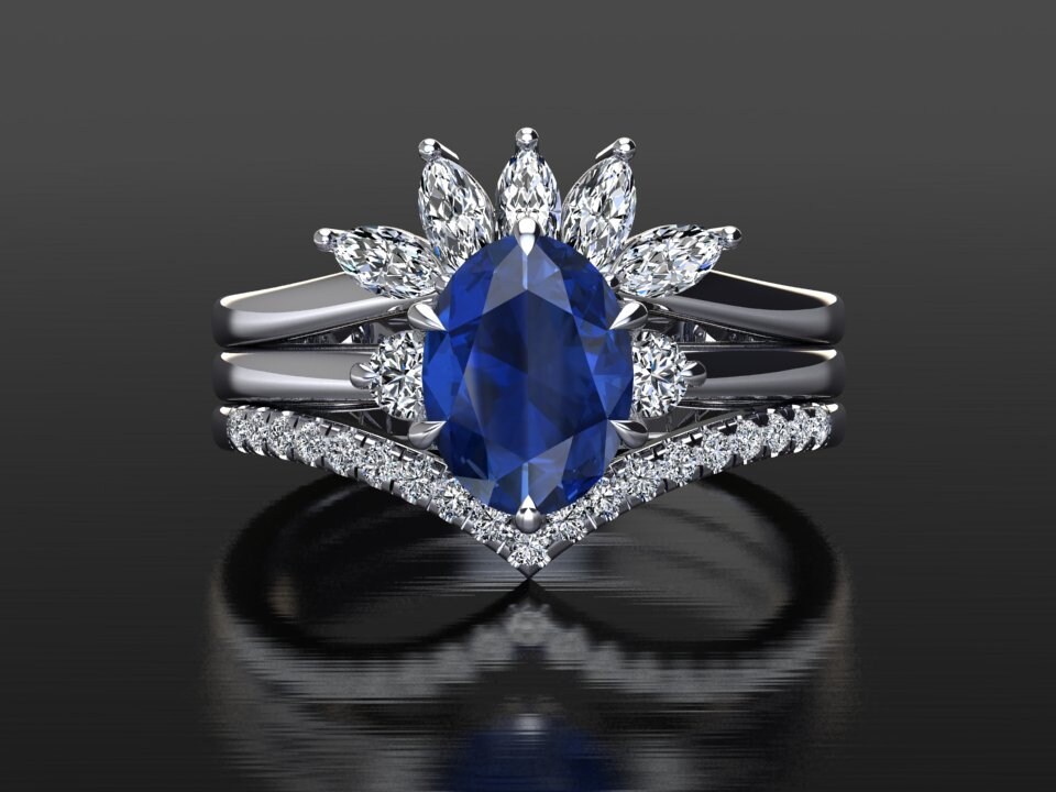 Ovaler Saphir Hochzeitsstapel | Verlobungsring Natürliche Diamanten Blauer Und Passende Eheringe Weißgold von SapphireJewelStudio