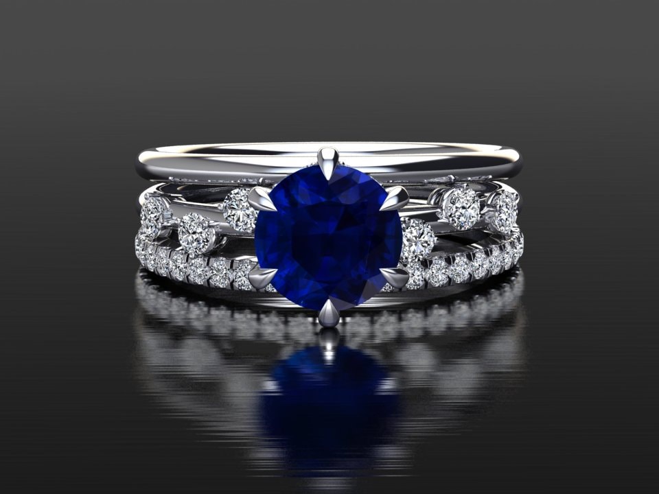 Saphir Hochzeitsstapel | Verlobungsring Natürliche Diamanten Blauer Und 2 Passende Eheringe Massives Weißgold von SapphireJewelStudio