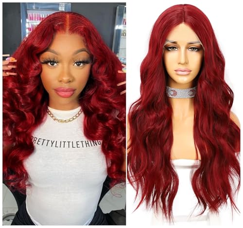 Rote lace front Perücken für Frauen wellige synthetische Perücke 13x3 natürlich aussehenhitzebeständig 24 inch von Sapphirewigs