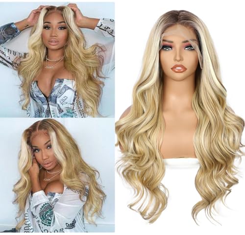 Sapphirewigs Blond Lace Front Perücke 13x4 Synthetische Körper Welle Highlight Blond Balayage Perücken Damen Party Date Tägliche Tragen Natürlich Aussehen Weihnachten 26inch von Sapphirewigs