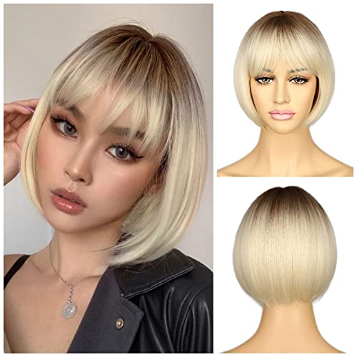 Sapphirewigs Blonde Bob Perücken für Frauen Ombre Perücke mit Bangs Dunkle Wurzeln Kurze Bob Haare Tägliche Party Natürliche aussehende 12 inch von Sapphirewigs