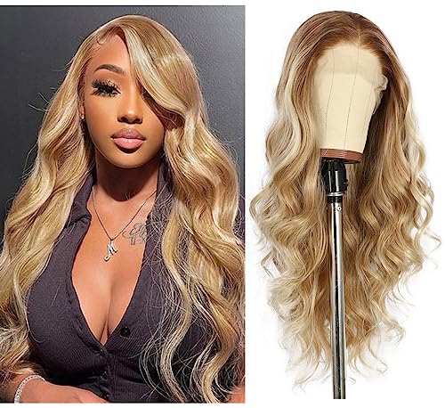 Sapphirewigs Blonde Perücke Lace Front Perücke Highlight Synthetische Wellige Balayage Haare Damen Party Date Täglich Tragen Natürlich aussehende Weihnachten 26inch von Sapphirewigs