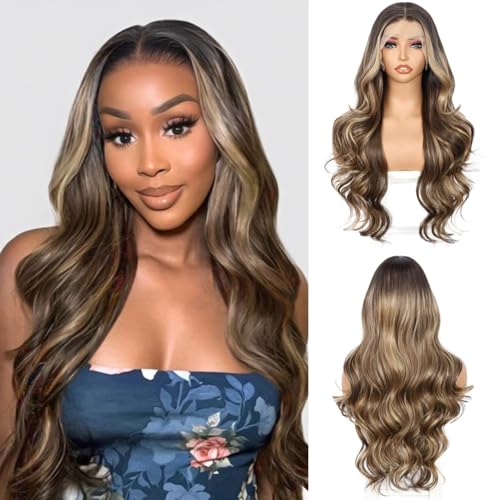 Sapphirewigs Braun Lace Front Perücke 13x4 Synthetische Körper Welle Highlight Braun Balayage Perücke Damen Party Date Tägliche Tragen Natürlich Aussehen Weihnachten 26inch von Sapphirewigs