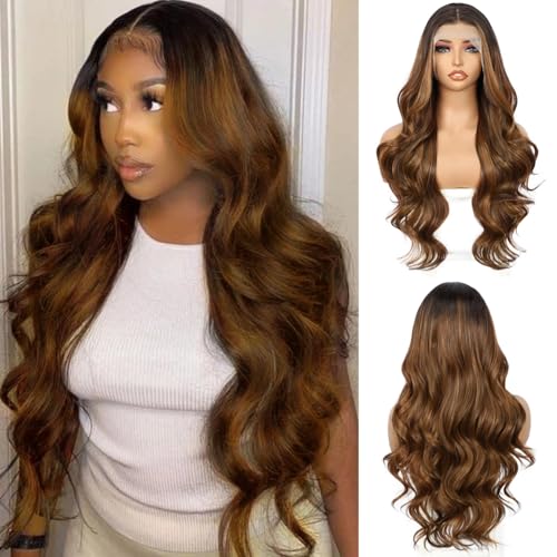 Sapphirewigs Braun Lace Front Perücke 13x4 Synthetische Körper Welle Ombre Braun Balayage Perücken Damen Party Date Tägliche Tragen Natürlich Aussehen Weihnachten 26inch von Sapphirewigs