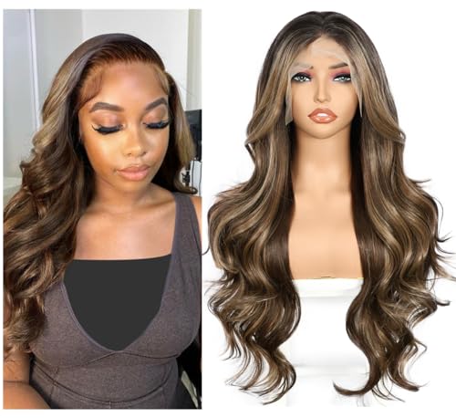 Sapphirewigs Braun Lace Front Perücke 13x4 Synthetische Körper Welle Ombre Braun Balayage Perücken Damen Party Date Tägliche Tragen Natürlich Aussehen Weihnachten 26inch von Sapphirewigs