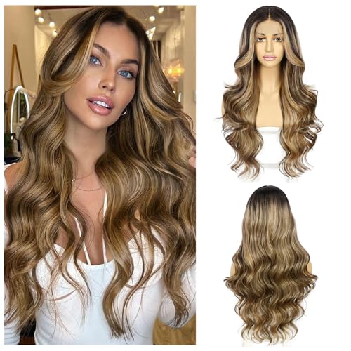 Sapphirewigs Braun Lace Front Perücke Synthetische 13x4 Körper Welle Ombre Honigbraun Balayage Perücken Damen Party Date Tägliche Tragen Natürlich Aussehen Weihnachten 26inch von Sapphirewigs