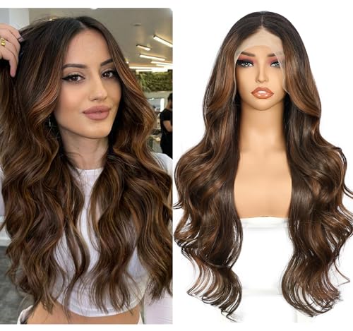Sapphirewigs Braun Lace Front Perücke Synthetische Körper Welle 13x4 Lace Wig Balayage Perücken Damen Party Date Tägliche Tragen Natürlich Aussehen Weihnachten 26inch von Sapphirewigs