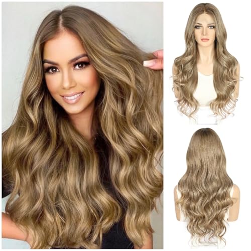 Sapphirewigs Braun Lace Front Perücke Synthetische Körper Welle 13x4 Natürliches Braun Balayage Perücken Damen Party Date Tägliche Tragen Natürlich Aussehen Weihnachten 26inch von Sapphirewigs