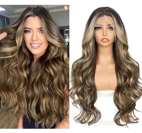 Sapphirewigs Braun Lace Front Perücke Synthetische Körper Welle 13x4 Ombre Braun Balayage Perücke Damen Party Date Tägliche Tragen Natürlich Aussehen Weihnachten 26inch von Sapphirewigs