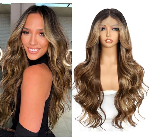 Sapphirewigs Braun Lace Front Perücke Synthetische Körper Welle Honey Braun Balayage Perücken Damen Party Date Tägliche Tragen Natürlich Aussehen Weihnachten 26inch von Sapphirewigs