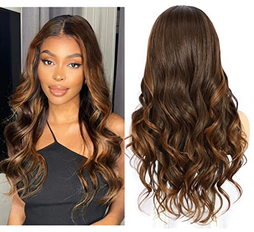 Sapphirewigs Braune Perücke Lace Front Perücke Highlight Synthetische Wellige Balayage Haare Damen Party Date Täglich Tragen Natürlich aussehende Weihnachten 26inch von Sapphirewigs