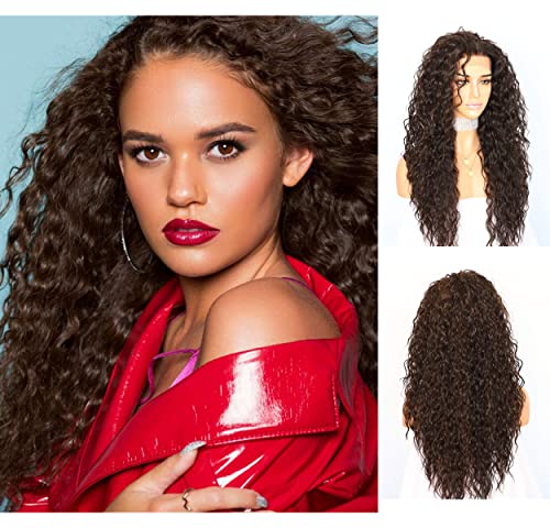 Sapphirewigs Lockige Lace Front Perücke Highlight Braun Synthetische Perücken für Frauen 13x3 Tägliche Tragen Party Weihnachten Halloween Hitzebeständige 26 inch von Sapphirewigs