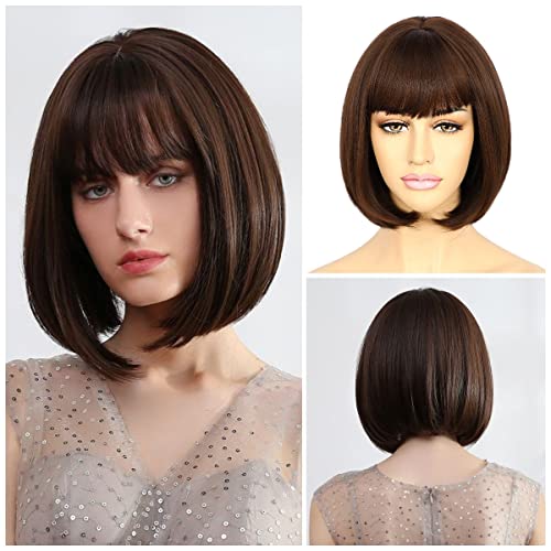 Sapphirewigs Dunkelbraune Bob Perücken für Frauen Perücke mit Bangs Kurze braune Bob Haare Tägliche Party Natürliche aussehende 12 inch von Sapphirewigs