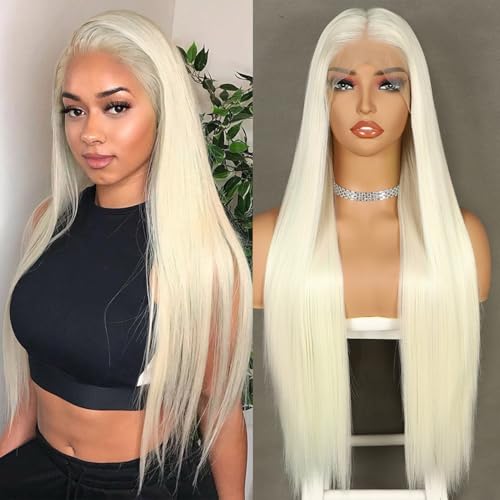 Sapphirewigs Gerade Perücke für Frauen 13x3 Spitze Front Perücken Weiß Blonde Freies Teil Synthetische Haare 150% Dichte Hitzebeständige 26inch von Sapphirewigs