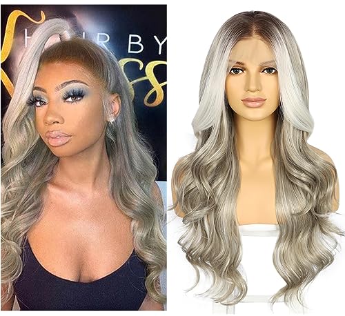 Sapphirewigs Grau 13x4 Lace Front Perücke Synthetische Körper Welle Perücken Damen Party Date Täglich Tragen Natürlich Aussehen Weihnachten 26inch von Sapphirewigs