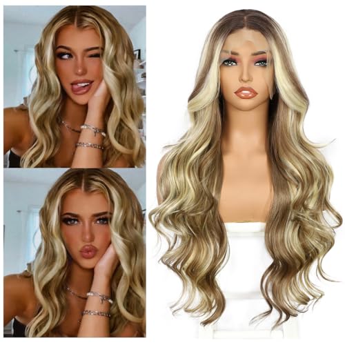 Sapphirewigs Highlight Blond Lace Front Perücke Synthetische Körper Welle Blond Balayage Perücke Damen Party Date Tägliche Tragen Natürlich Aussehen Weihnachten 26inch von Sapphirewigs