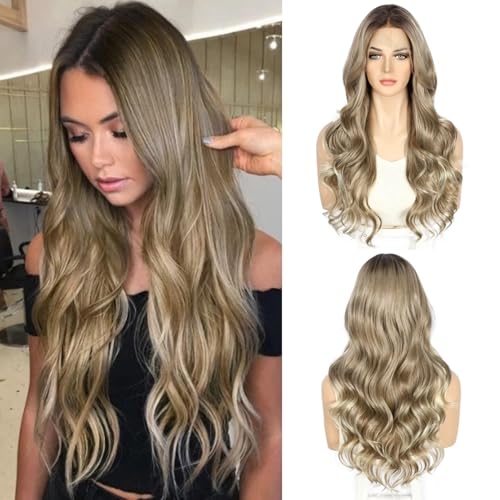 Sapphirewigs Highlight Lace Front Perücke Braun Synthetische Körper Welle Perücken Damen Party Datum Tägliche Tragen Natürlich Aussehen Weihnachten 26inch von Sapphirewigs