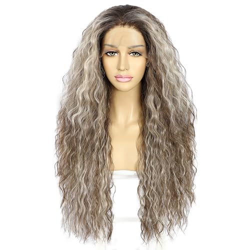 Sapphirewigs Highlights Lockige Lace Front Perücke Ombre Grau Synthetische Perücken für Frauen 13x3 Tägliche Tragen Party Weihnachten Halloween Hitzebeständige 26 inch von Sapphirewigs