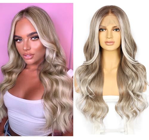 Sapphirewigs Lace Front Perücke 13x4 Synthetische Körper Welle Graubraun Balayage Perücken Damen Party Datum Tägliche Tragen Natürlich Aussehen Weihnachten 26inch von Sapphirewigs