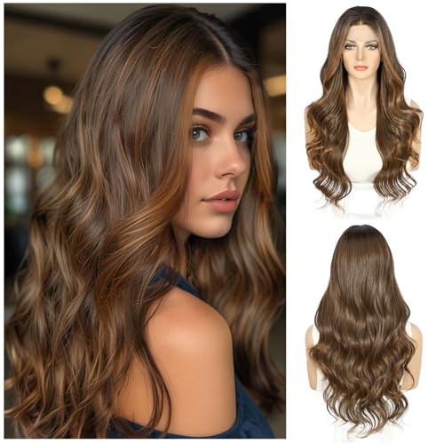 Sapphirewigs Lace Front Perücke Synthetische Körper Welle 13x4 Highlight Braun Balayage Perücken Damen Party Date Tägliche Tragen Natürlich Aussehen Weihnachten 26inch von Sapphirewigs