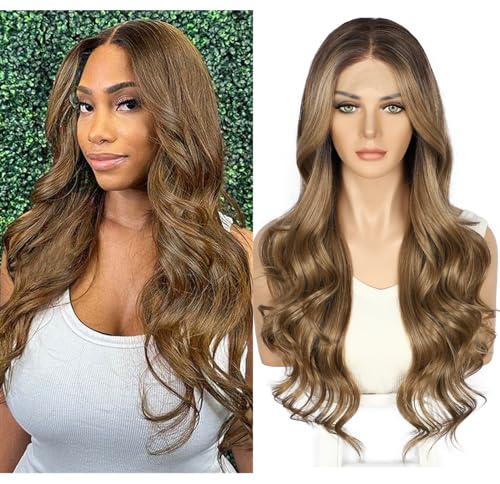 Sapphirewigs Lace Front Perücke Synthetische Körper Welle Helles Honigbraun Balayage 13x4 Perücken Damen Party Datum Täglich Tragen Natürlich Aussehen Weihnachten 26inch von Sapphirewigs