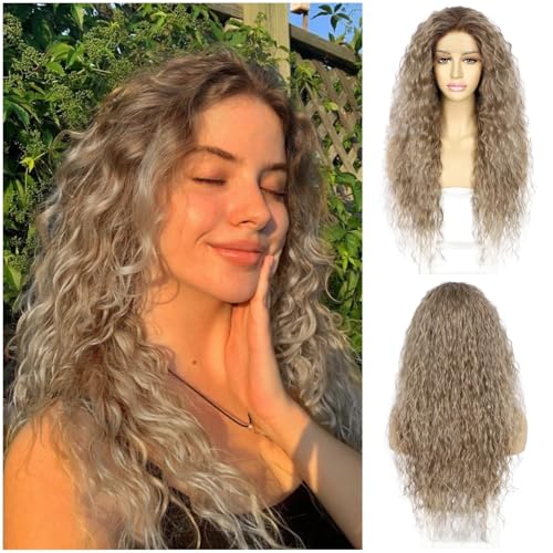 Sapphirewigs Lockige Lace Front Perücke Ombre Braun Synthetische Perücken für Frauen Blond 13x3 Tägliche Tragen Party Weihnachten Halloween Hitzebeständige 26 inch von Sapphirewigs